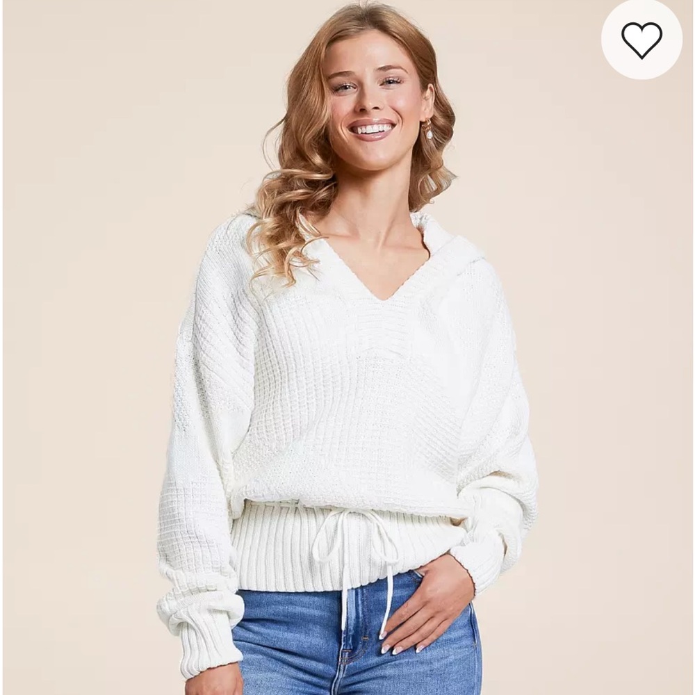 Z Supply White V-Neck Hooded Drawstring Sweater
